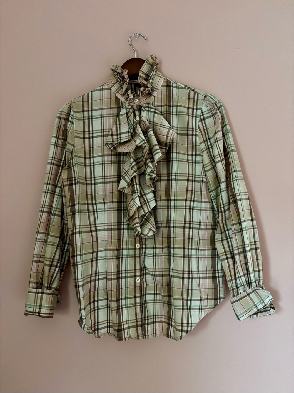 Vintage Ralph Lauren Ruffled Front Plaid Button-Up Blouse 90’s
